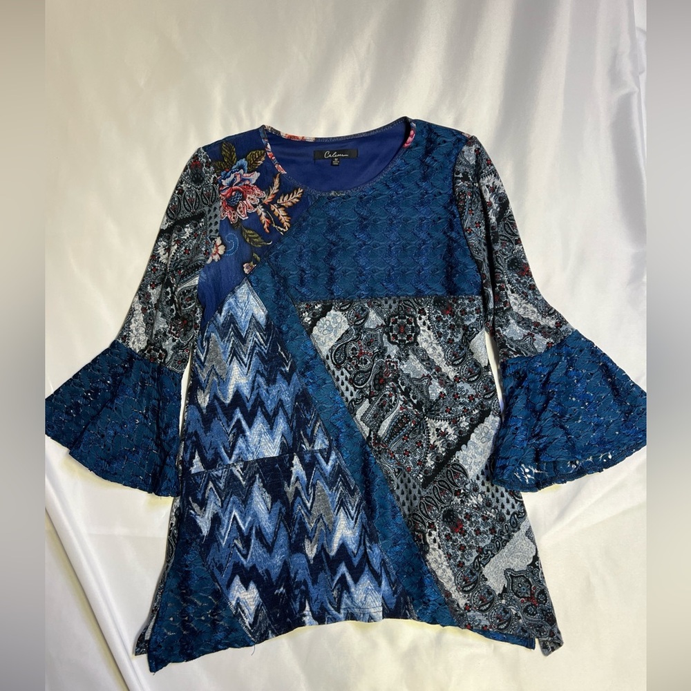 Caleaas Blue Sapphire Boho Tunic Top Med-large patchwork Bell sleeve